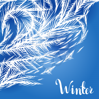 Winter frozen window background. Ornament of ice crystals on the glass.