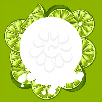 Background with limes. Fresh healthy juice. Delicious flavored cold drink. Green stylized citrus fruits whole and slices.
