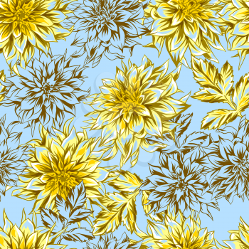 Seamless pattern with fluffy yellow dahlias. Beautiful decorative flowers, leaves and buds.