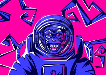 Angry monkey head in spacesuit. Rock and roll or disco music print. Rock festival poster.