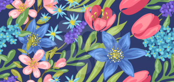 Seamless pattern with spring flowers. Beautiful decorative natural plants, buds and leaves.