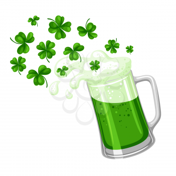 Saint Patricks Day illustration. Ale or beer in mug with clover. Irish festive national items.