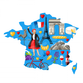 Illustration map of France. French traditional symbols and objects.