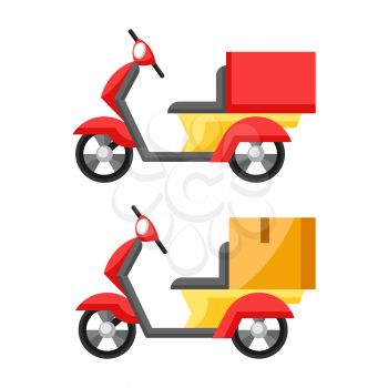 Goods delivery by motorcycle. Illustration of scooter motorbikes.