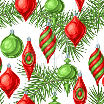 Christmas seamless pattern with balls. Holiday vintage decorations for tree. Greeting celebration background.