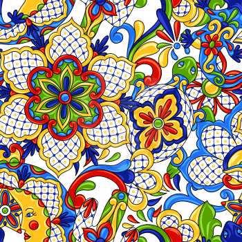 Mexican seamless pattern. Traditional decorative objects. Talavera ornamental ceramic. Ethnic folk ornament.