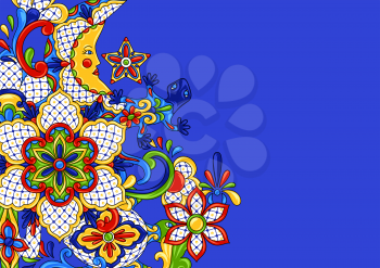 Mexican background design. Traditional decorative objects. Talavera ornamental ceramic. Ethnic folk ornament.