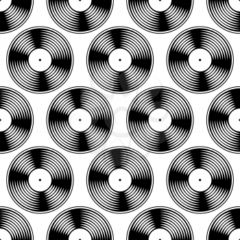 Black and white vinyl record seamless pattern. Rock and roll or pop background.