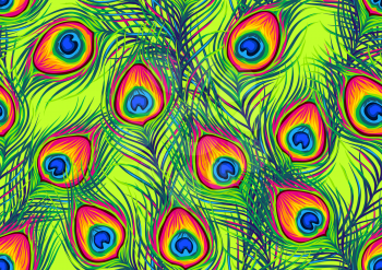 Peacock feathers seamless pattern. Color hand drawn exotic bird plumage.