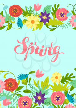 Background with spring flowers. Beautiful decorative natural plants, buds and leaves.