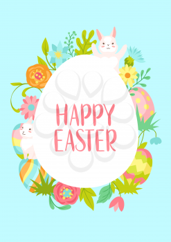 Happy Easter greeting card. Cute bunnies, eggs and flowers for traditional celebration.