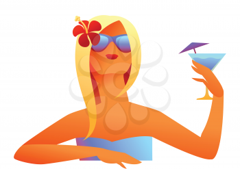Girl sunbathes on beach with cocktail. Beautiful tanned blond woman.