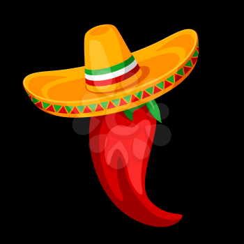 Illustration of red chili pepper in sombrero. Mexican traditional simbol.