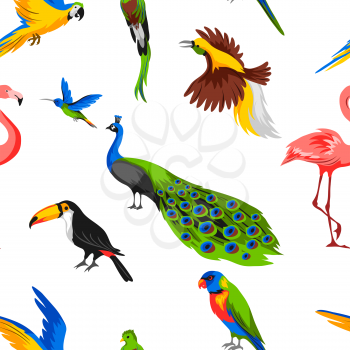 Seamless pattern with tropical exotic birds. Wild fauna of jungle and rainforest.