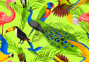 Seamless pattern with tropical exotic birds. Wild fauna of jungle and rainforest.