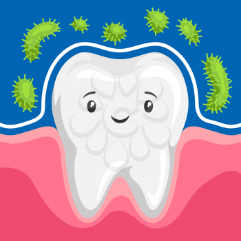 Illustration of tooth is protected from bacteria. Children dentistry sad character. Kawaii facial expression.