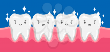 Illustration of smiling clean healthy teeth in oral cavity. Children dentistry happy characters. Kawaii facial expressions.