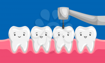 Illustration of tooth drilled by dental drill. Children dentistry characters. Kawaii facial expressions.