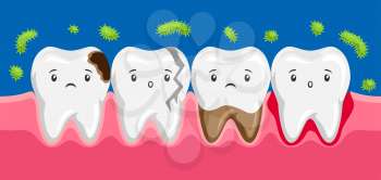 Illustration of sick teeth in oral cavity. Children dentistry sad characters. Kawaii facial expressions.