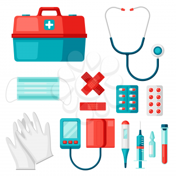 First aid kit equipment. Medical instruments for emergency assistance.