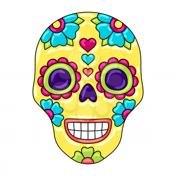 Day of the Dead sugar skull with floral ornament. Mexican talavera ceramic tile traditional decorative objects.