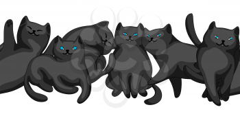 Seamless pattern with cartoon black cats. Cute pets stylized background.