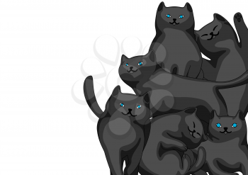 Background with cartoon black cats. Cute pets stylized illustration.