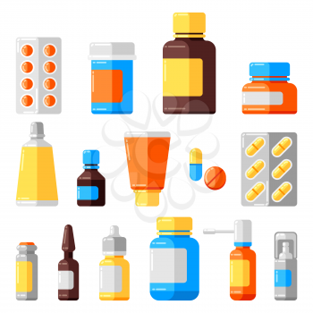 Set of medicine bottles and pills. Medical illustration in flat style.