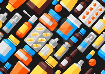 Seamless pattern with medicine bottles and pills. Medical background in flat style.