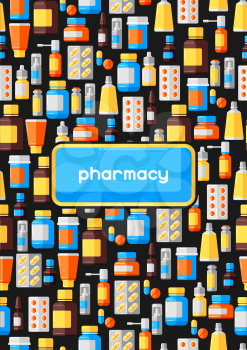 Background with medicine bottles and pills. Medical illustration in flat style.