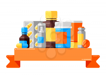 Background with medicine bottles and pills. Medical illustration in flat style.
