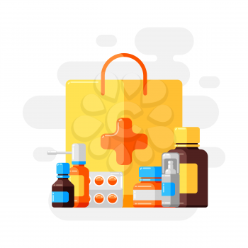 Design with medicine bottles and pills. Medical illustration in flat style.