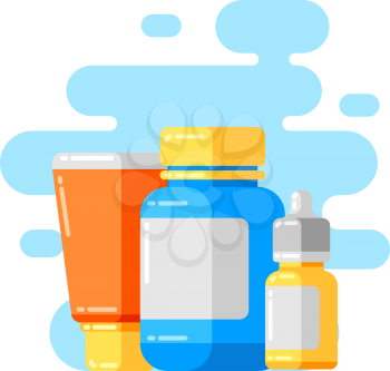 Design with medicine bottles and pills. Medical illustration in flat style.