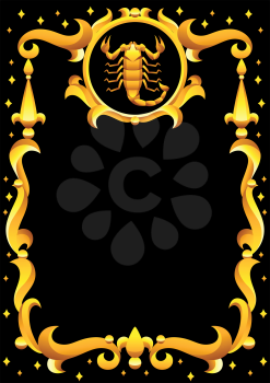 Scorpio zodiac sign with golden frame. Horoscope symbol. Stylized astrological illustration.