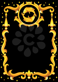 Pisceszodiac sign with golden frame. Horoscope symbol. Stylized astrological illustration.
