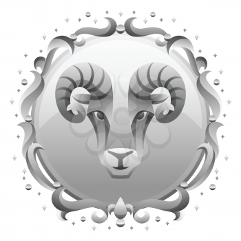 Aries zodiac sign with silver frame. Horoscope symbol. Stylized astrological illustration.