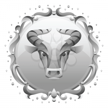 Taurus zodiac sign with silver frame. Horoscope symbol. Stylized astrological illustration.