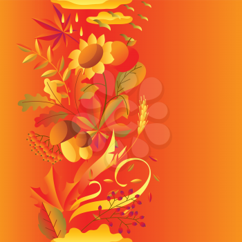 Seamless pattern with stylized autumn items. Falling leaves, berries and plants.