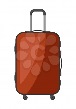 Brown plastic suitcase with wheels. Illustration or icon for travel.