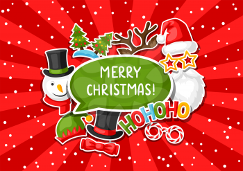 Merry Christmas card with photo booth stickers. Design for festival and party.