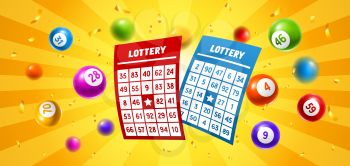 Lottery colored number balls and tickets. Background for gambling sport games.