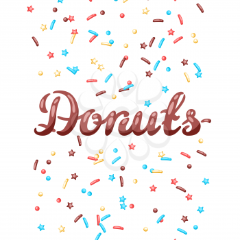 Card with decorative donut sprinkles. Background of donuts glaze.