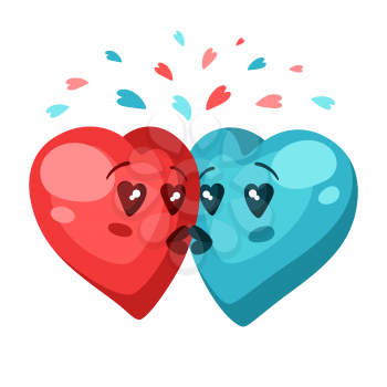 Cute couple of hearts in love. Valentine Day greeting card. Illustration of kawaii characters with eyes hearts.