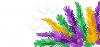 Card with feathers in Mardi Gras colors. Carnival background for traditional holiday or festival.