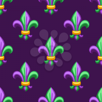 Seamless pattern with fleur de lis in Mardi Gras colors. Carnival background for traditional holiday or festival.