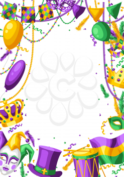 Mardi Gras party greeting or invitation card. Carnival background for traditional holiday or festival.