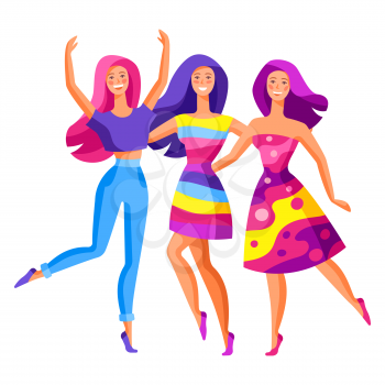 Illustration of three dancing girls. Beautiful young women in trendy style.