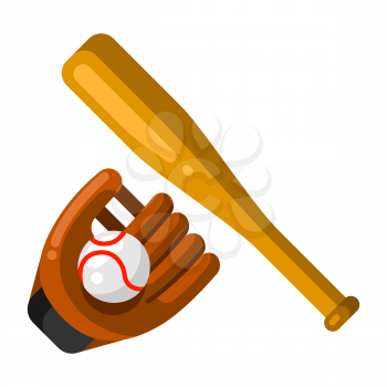 Icon of baseball glove, ball and bat in flat style. Stylized sport equipment illustration.