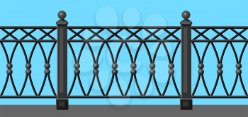 Illustration of metal forged fence. Garden, park or yard hedge section.