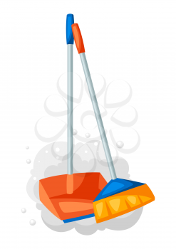 Illustration of scoop with broom and dust. Housekeeping cleaning items for service, design and advertising.